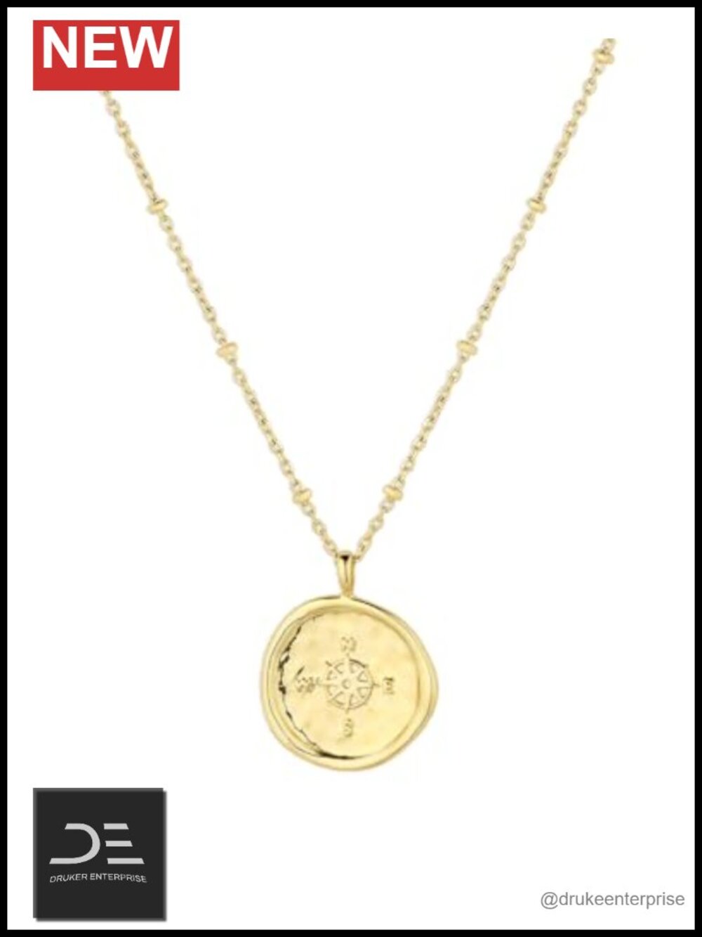 Compass Coin Pendant Necklace 3/4 inch 18k Gold Plated Adjustable 17-19 inch